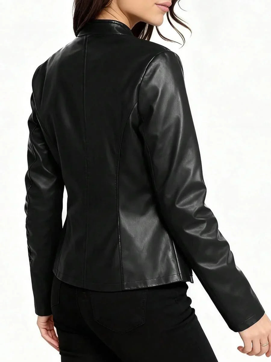 Women's Stand Collar Panel Seam Faux Leather Biker Jacket
