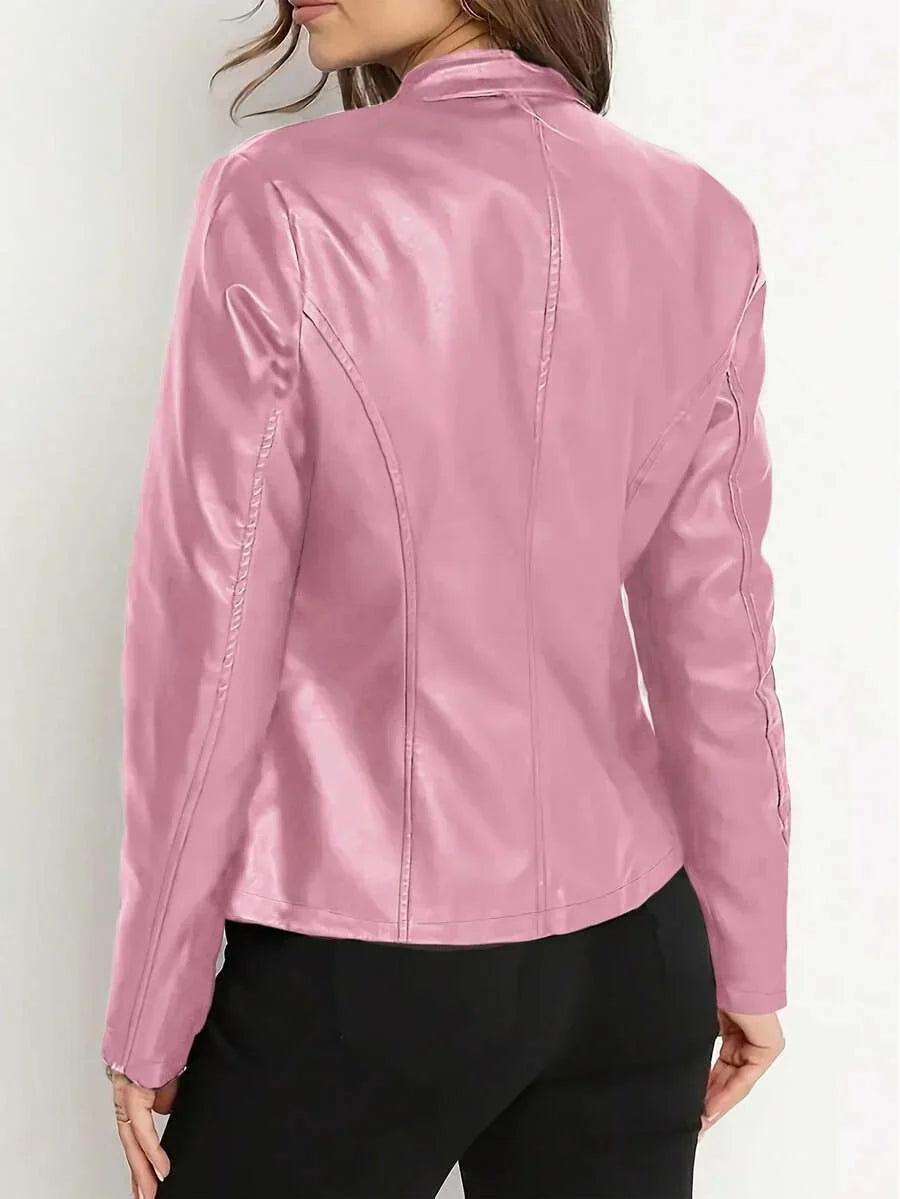 Women's Stand Collar Panel Seam Faux Leather Biker Jacket