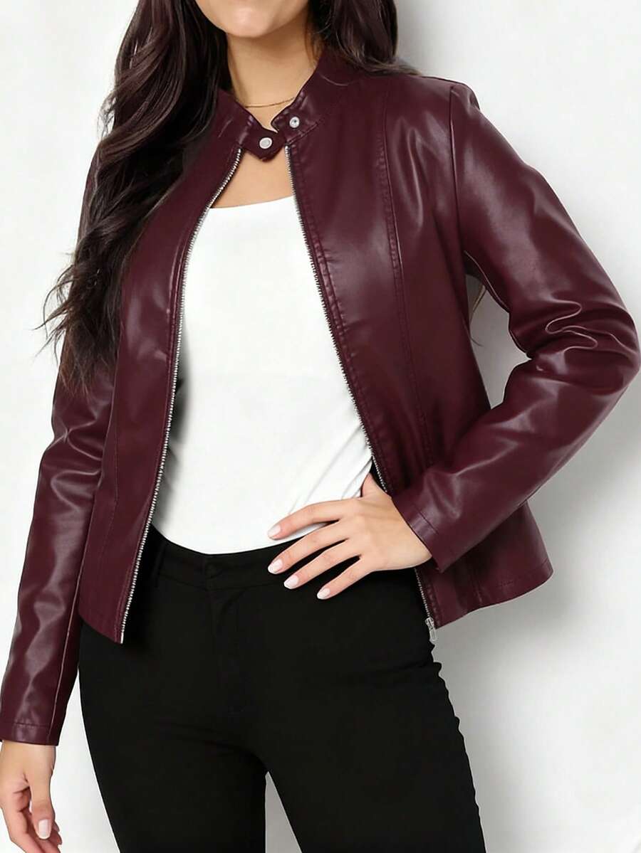 Women's Stand Collar Panel Seam Faux Leather Biker Jacket