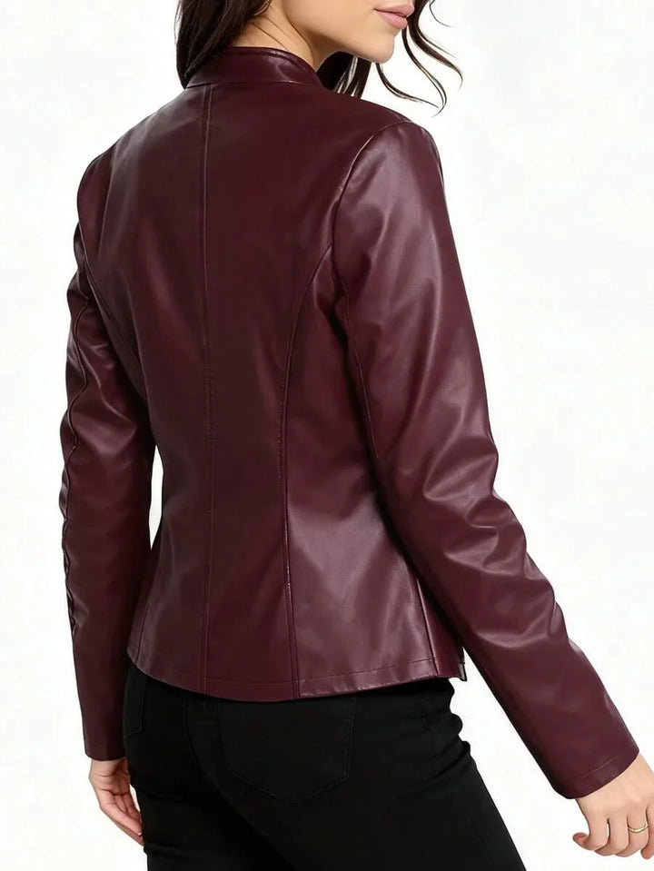 Women's Stand Collar Panel Seam Faux Leather Biker Jacket
