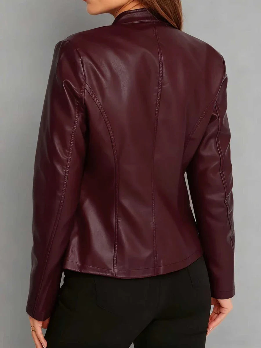 Women's Stand Collar Panel Seam Faux Leather Biker Jacket