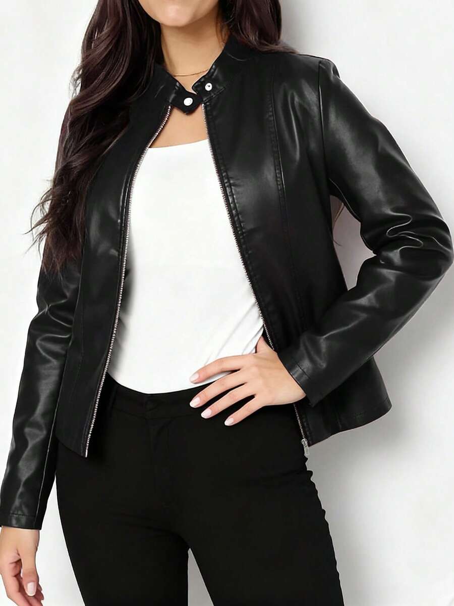 Women's Stand Collar Panel Seam Faux Leather Biker Jacket