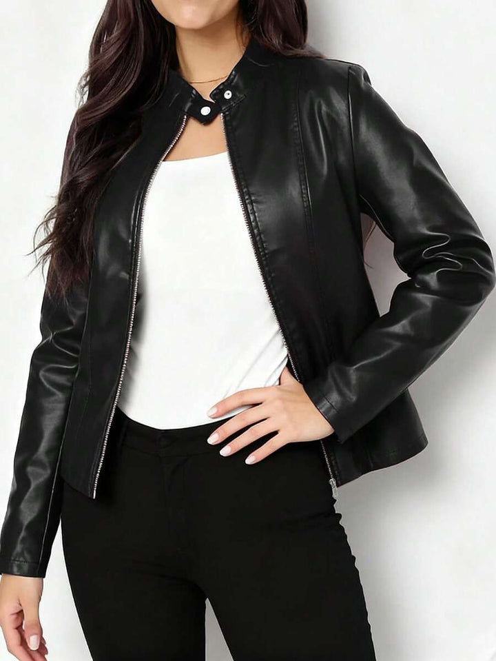 Women's Stand Collar Panel Seam Faux Leather Biker Jacket
