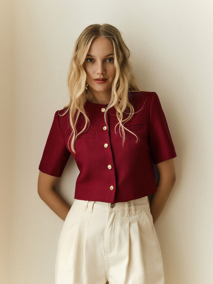 Women's Structured Cropped Short Sleeve Blazer Jacket