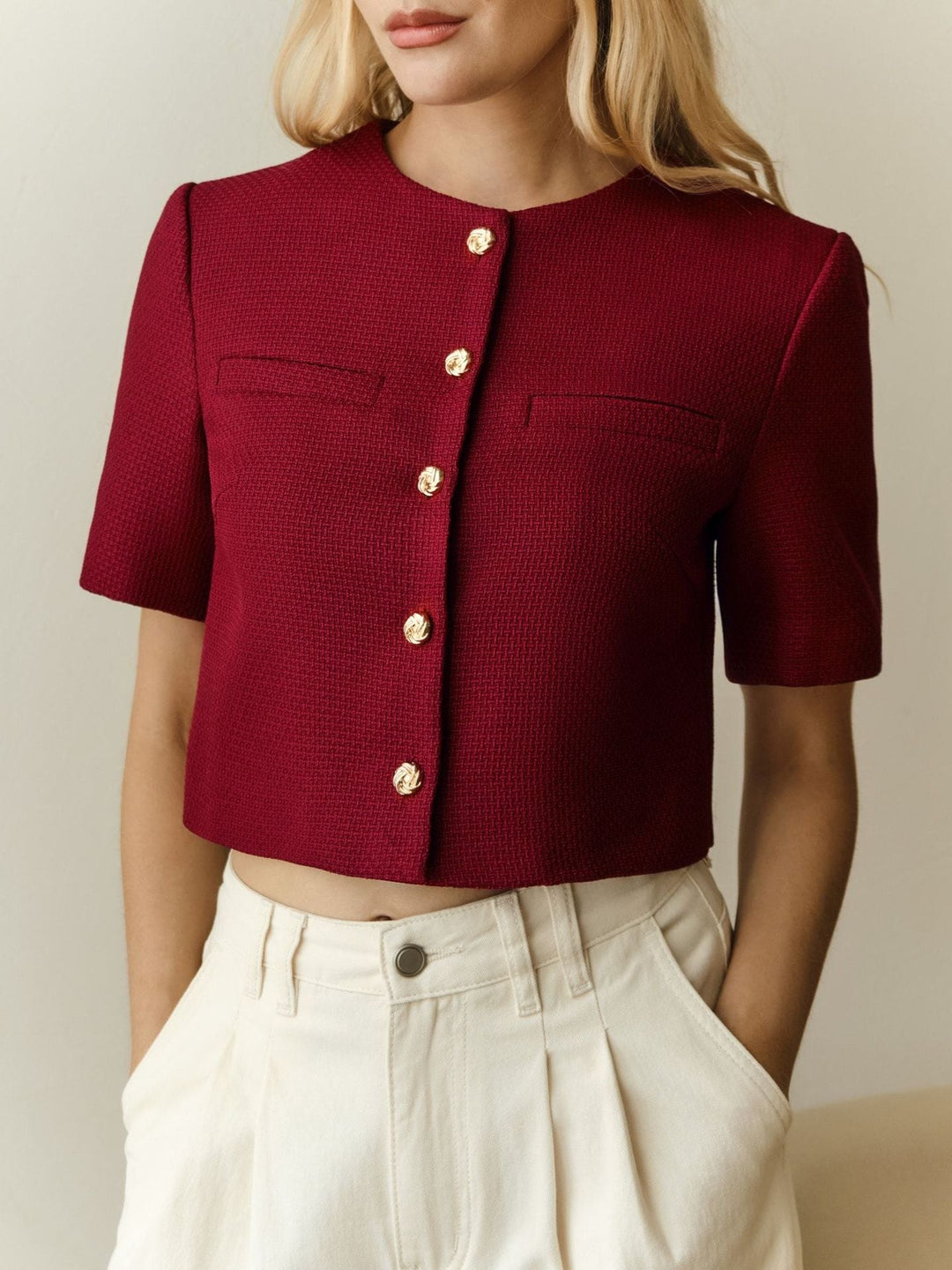 Women's Structured Cropped Short Sleeve Blazer Jacket