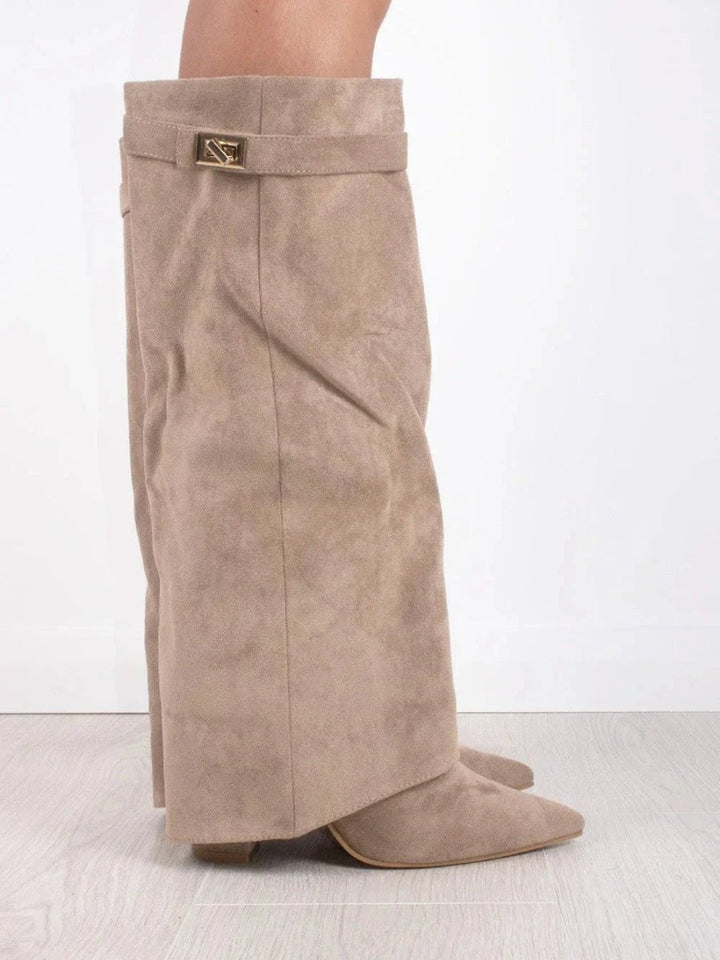 Women's Suede Pointed Toe Block Heel Knee High Boots