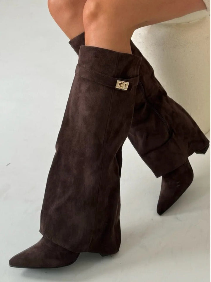 Women's Suede Pointed Toe Block Heel Knee High Boots