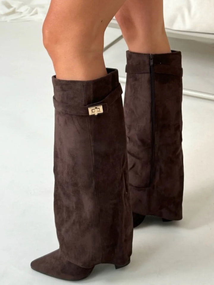 Women's Suede Pointed Toe Block Heel Knee High Boots