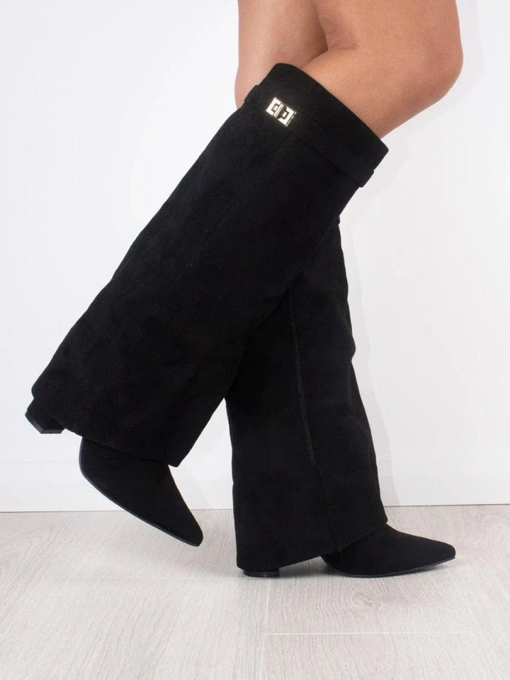 Women's Suede Pointed Toe Block Heel Knee High Boots