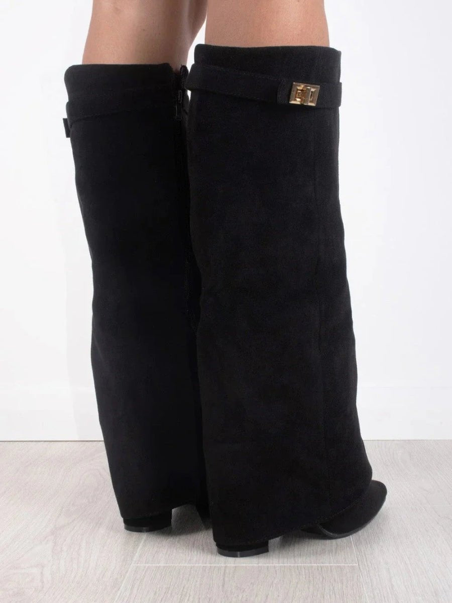 Women's Suede Pointed Toe Block Heel Knee High Boots