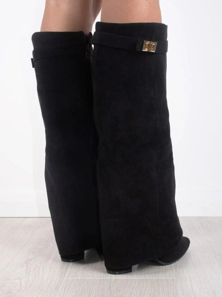 Women's Suede Pointed Toe Block Heel Knee High Boots