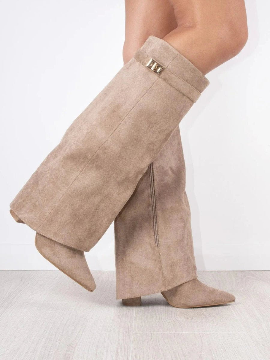 Women's Suede Pointed Toe Block Heel Knee High Boots