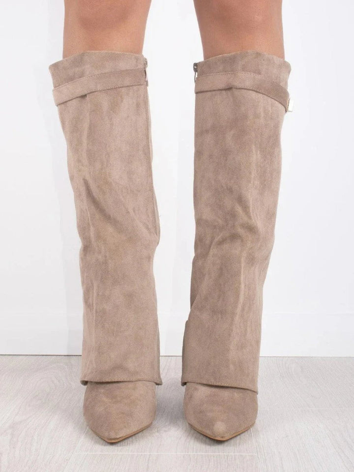 Women's Suede Pointed Toe Block Heel Knee High Boots
