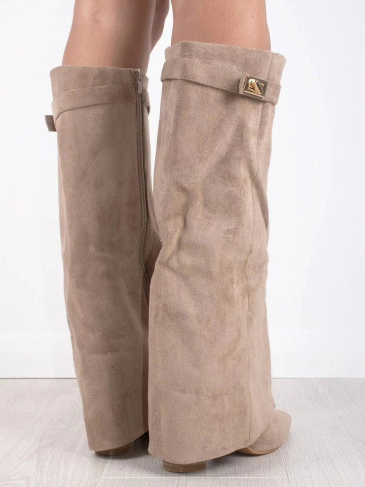 Women's Suede Pointed Toe Block Heel Knee High Boots