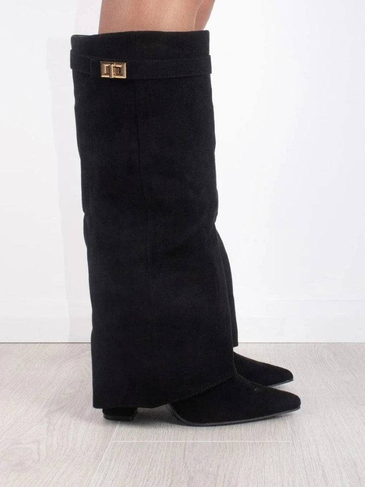 Women's Suede Pointed Toe Block Heel Knee High Boots