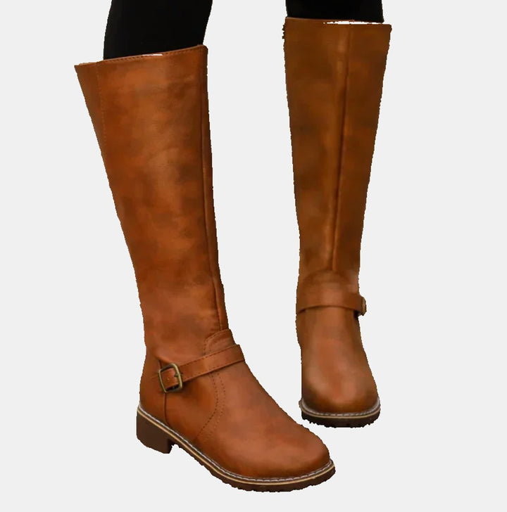 Women's Tall Riding Buckle Strap Low Heel Knee High Boots