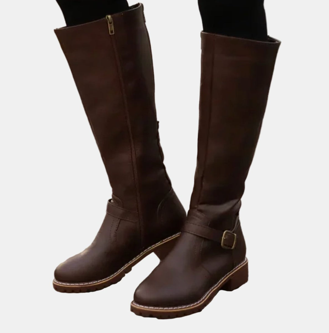 Women's Tall Riding Buckle Strap Low Heel Knee High Boots