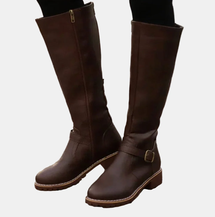 Women's Tall Riding Buckle Strap Low Heel Knee High Boots