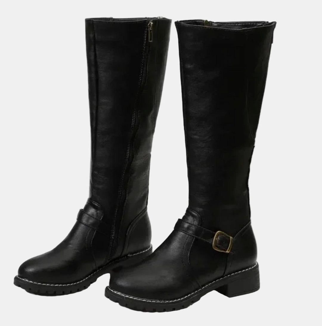 Women's Tall Riding Buckle Strap Low Heel Knee High Boots