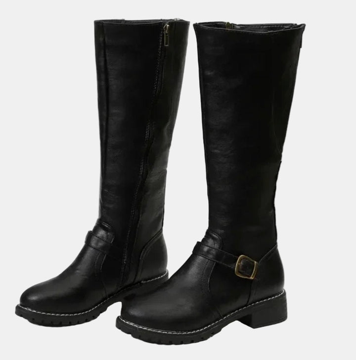 Women's Tall Riding Buckle Strap Low Heel Knee High Boots