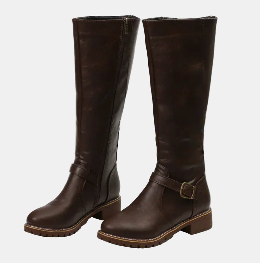Women's Tall Riding Buckle Strap Low Heel Knee High Boots
