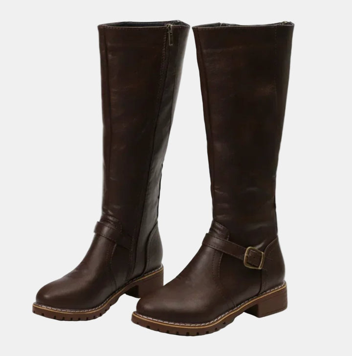 Women's Tall Riding Buckle Strap Low Heel Knee High Boots