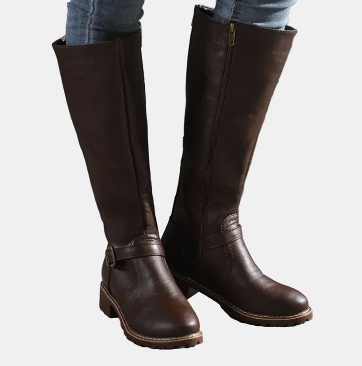 Women's Tall Riding Buckle Strap Low Heel Knee High Boots