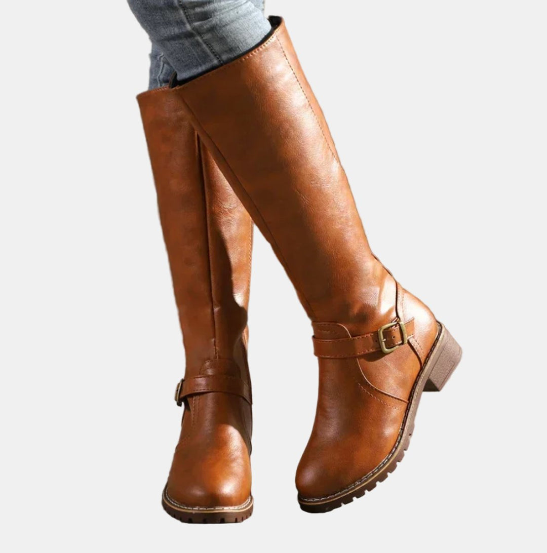 Women's Tall Riding Buckle Strap Low Heel Knee High Boots