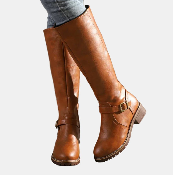 Women's Tall Riding Buckle Strap Low Heel Knee High Boots