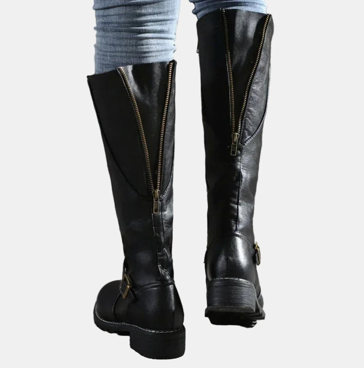 Women's Tall Riding Buckle Strap Low Heel Knee High Boots