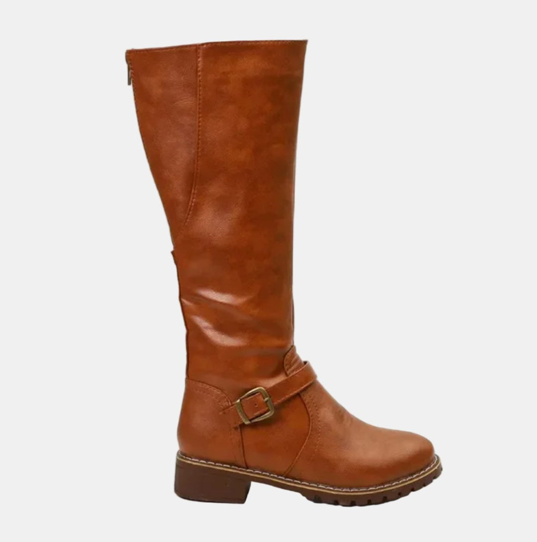 Women's Tall Riding Buckle Strap Low Heel Knee High Boots