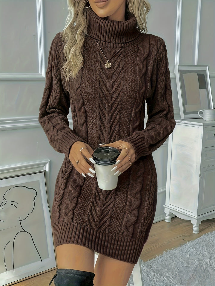 Women's Turtleneck Chunky Cable Knit Mini Sweater Dress