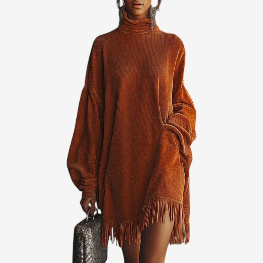 Women's Turtleneck Fringe Hem Oversized Knit Sweater Dress