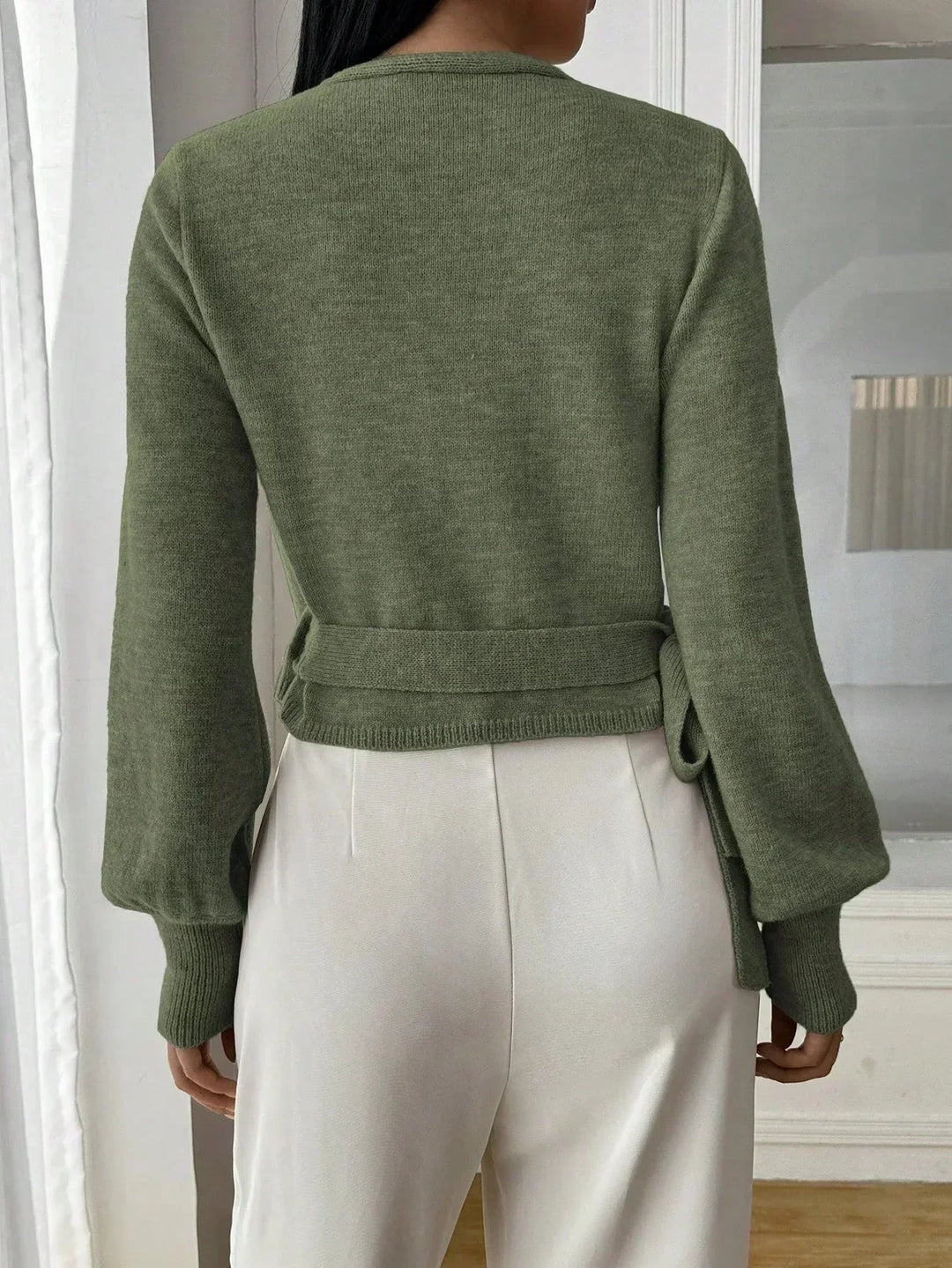 Women's V Neck Wrap Front Ribbed Cropped Knit Sweater