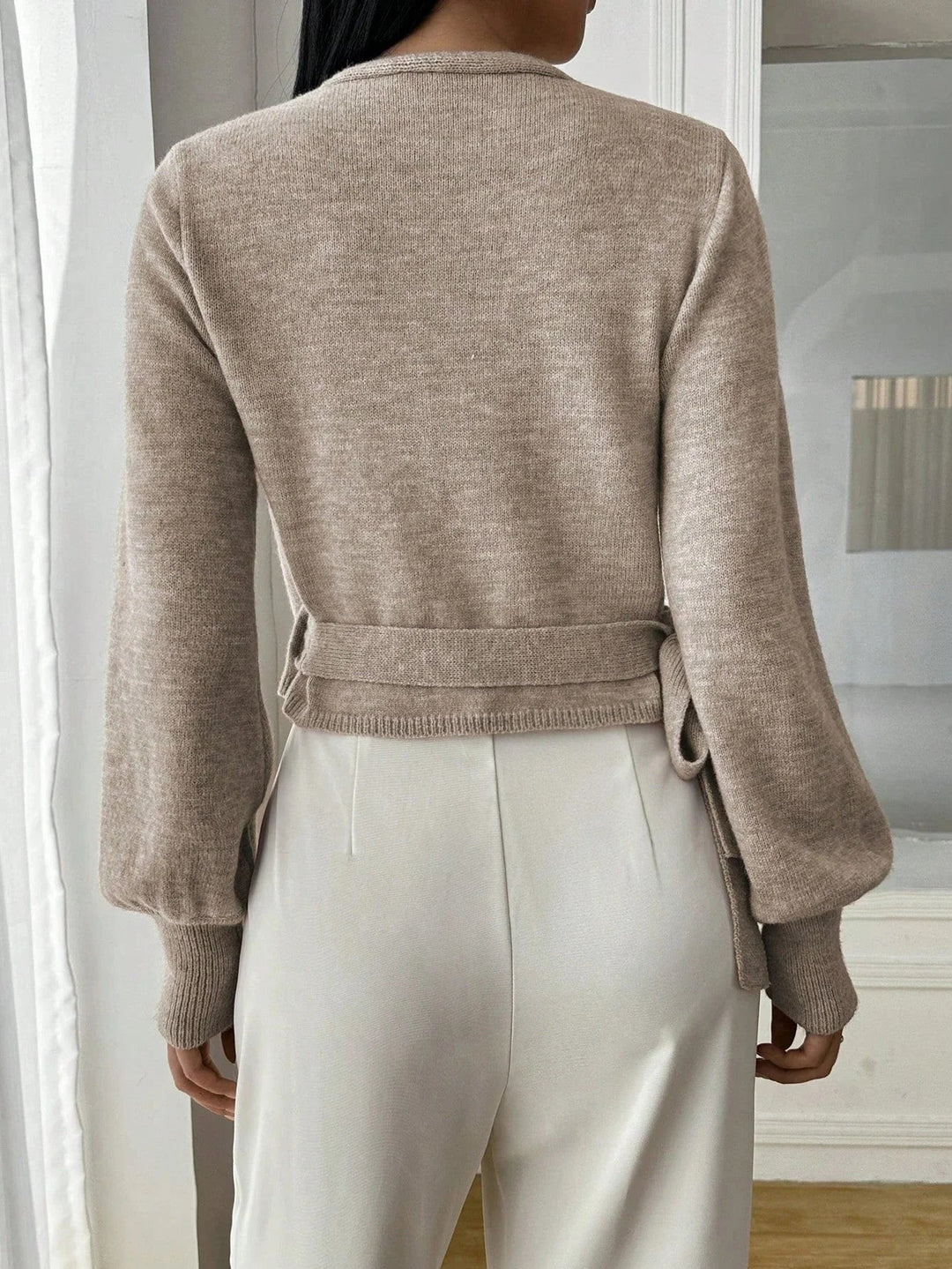Women's V Neck Wrap Front Ribbed Cropped Knit Sweater