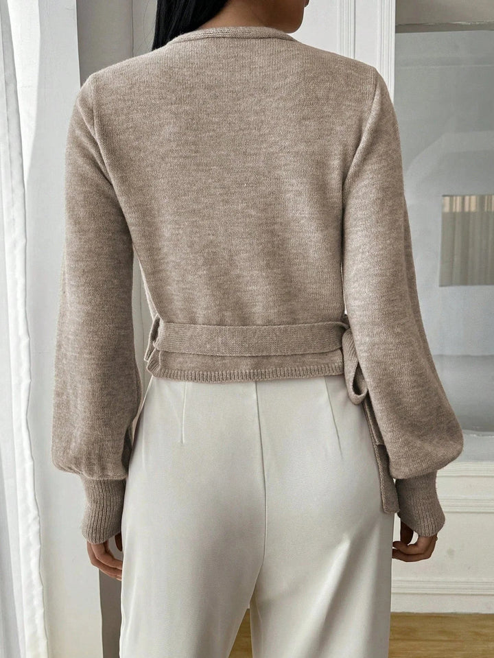Women's V Neck Wrap Front Ribbed Cropped Knit Sweater
