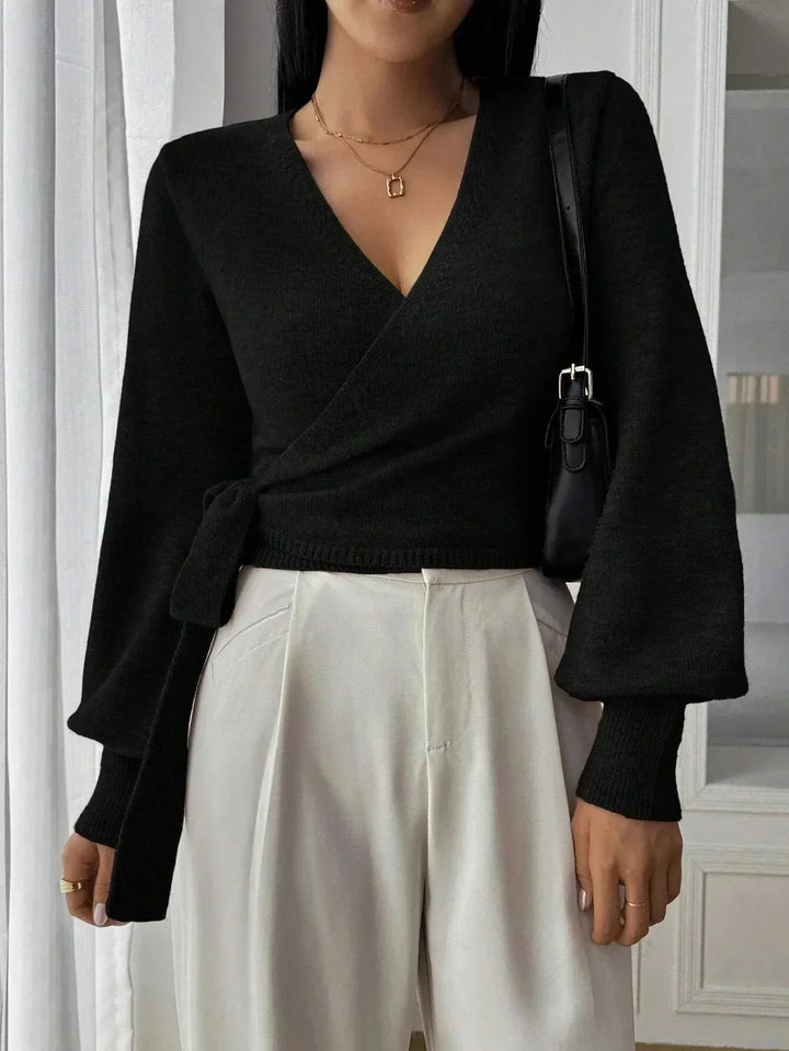 Women's V Neck Wrap Front Ribbed Cropped Knit Sweater