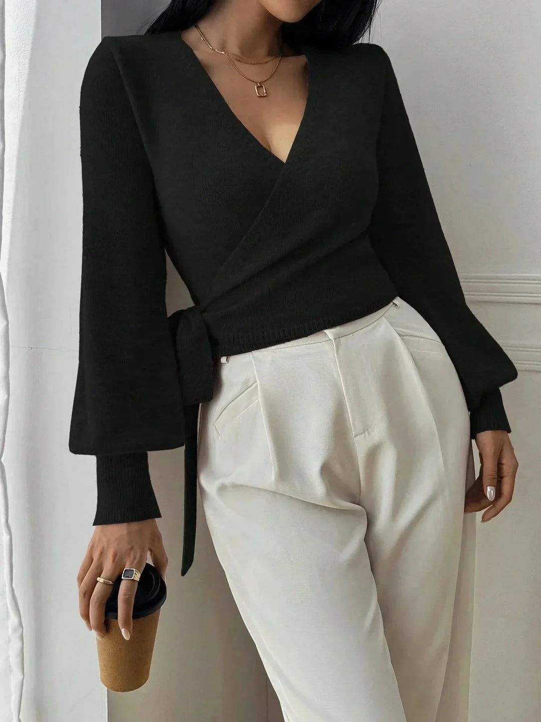 Women's V Neck Wrap Front Ribbed Cropped Knit Sweater
