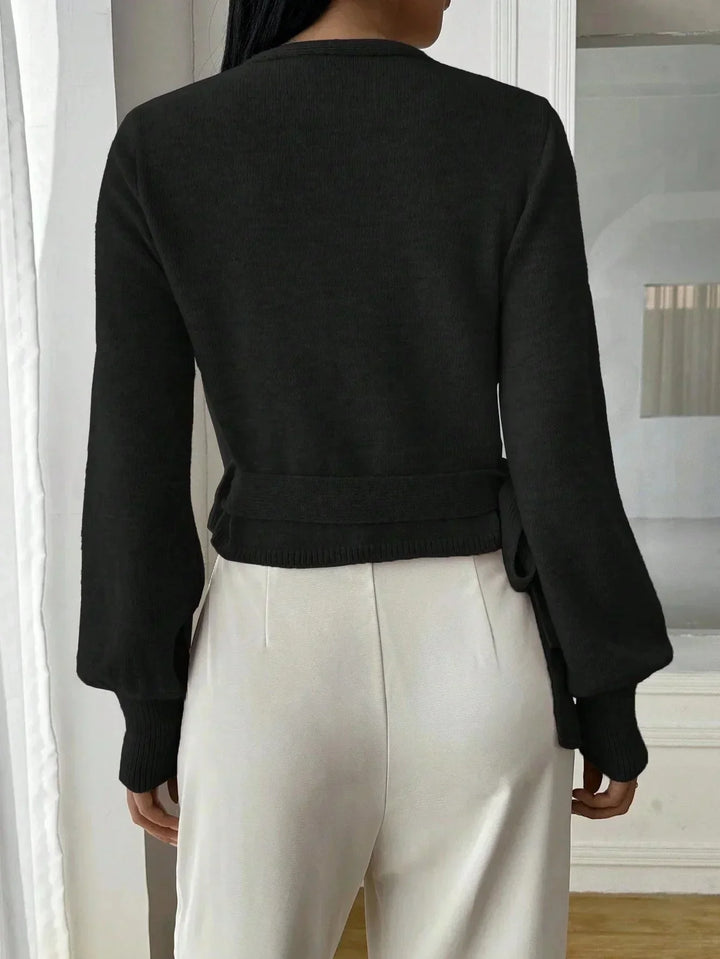 Women's V Neck Wrap Front Ribbed Cropped Knit Sweater