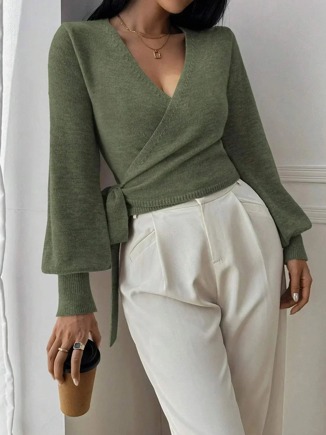 Women's V Neck Wrap Front Ribbed Cropped Knit Sweater