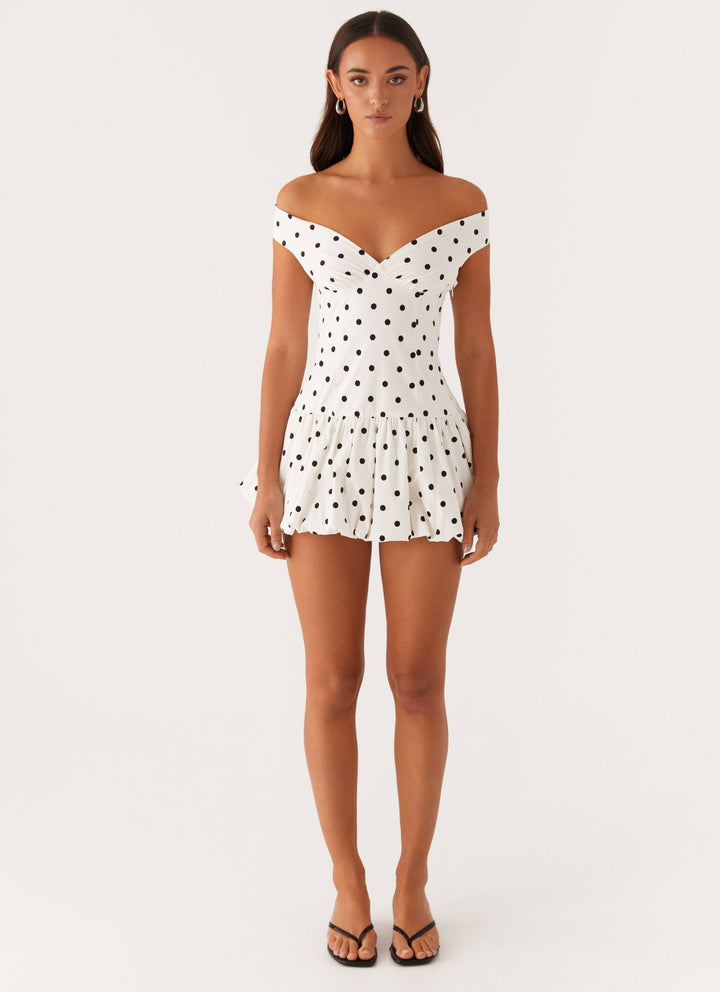 Women's Wedding Guest White Polka Dot Off Shoulder Mini Dress