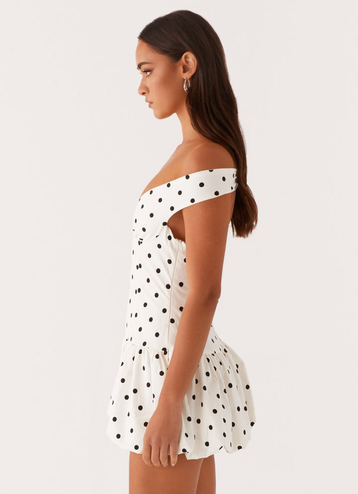 Women's Wedding Guest White Polka Dot Off Shoulder Mini Dress