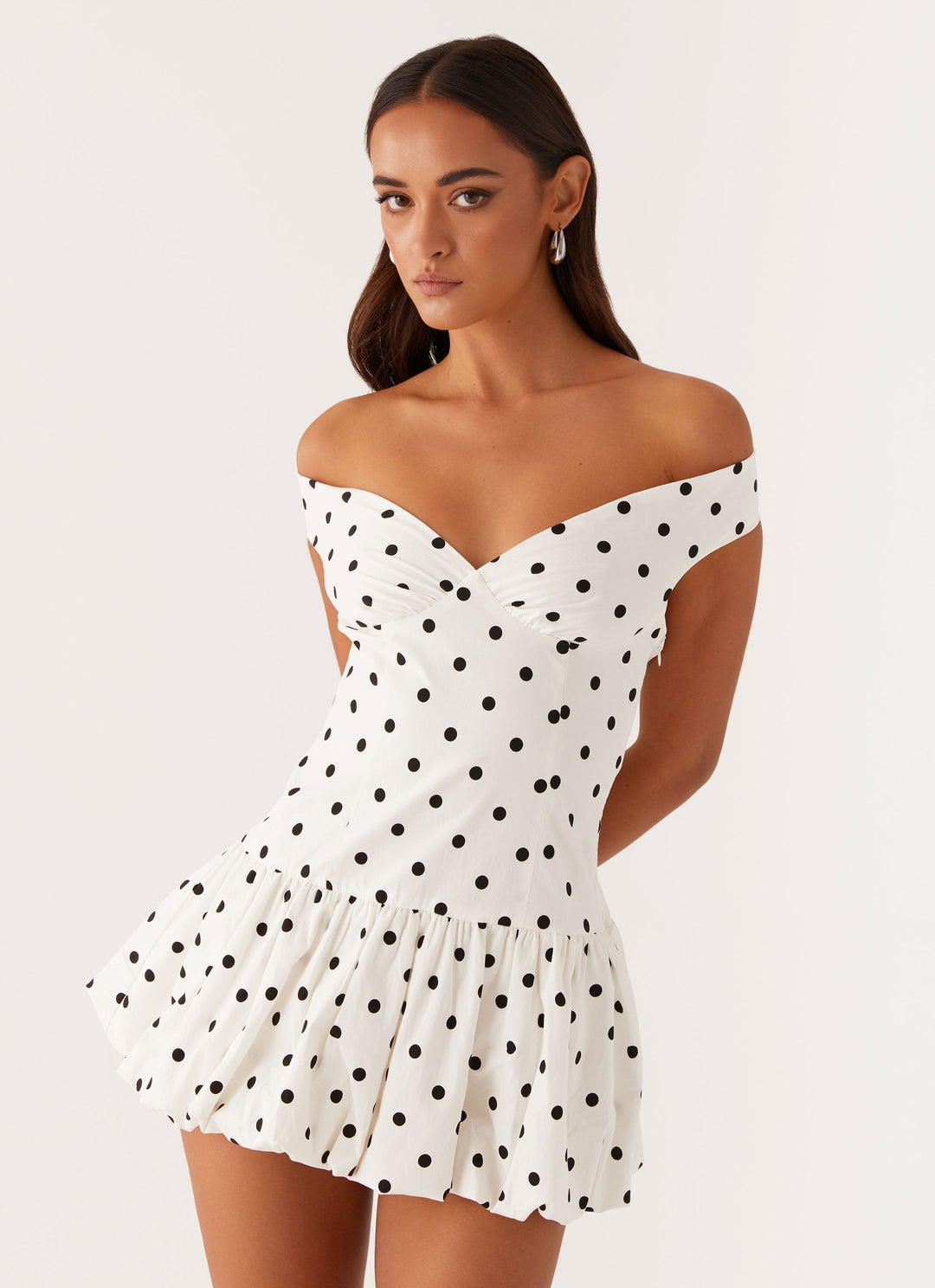 Women's Wedding Guest White Polka Dot Off Shoulder Mini Dress