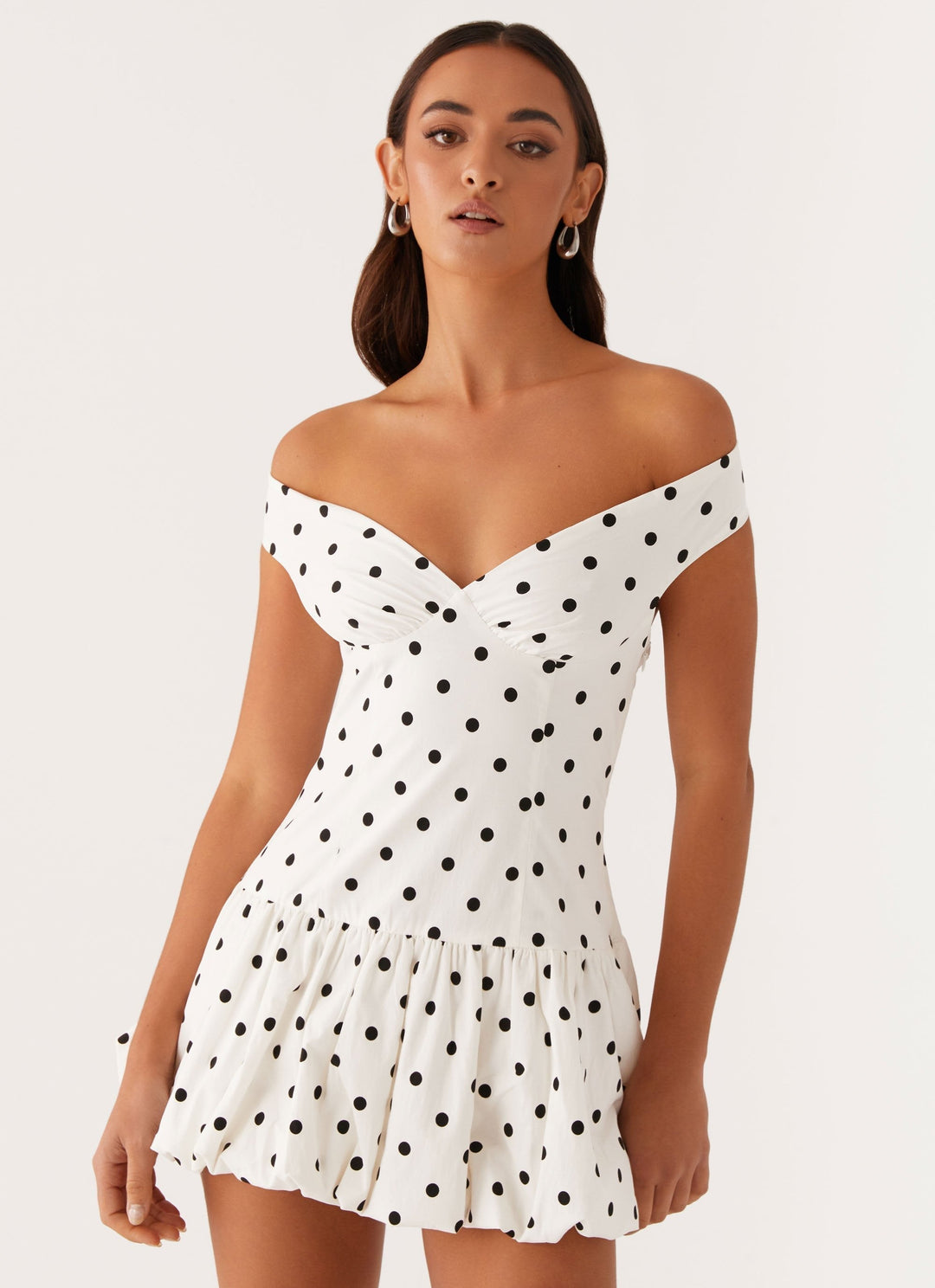 Women's Wedding Guest White Polka Dot Off Shoulder Mini Dress