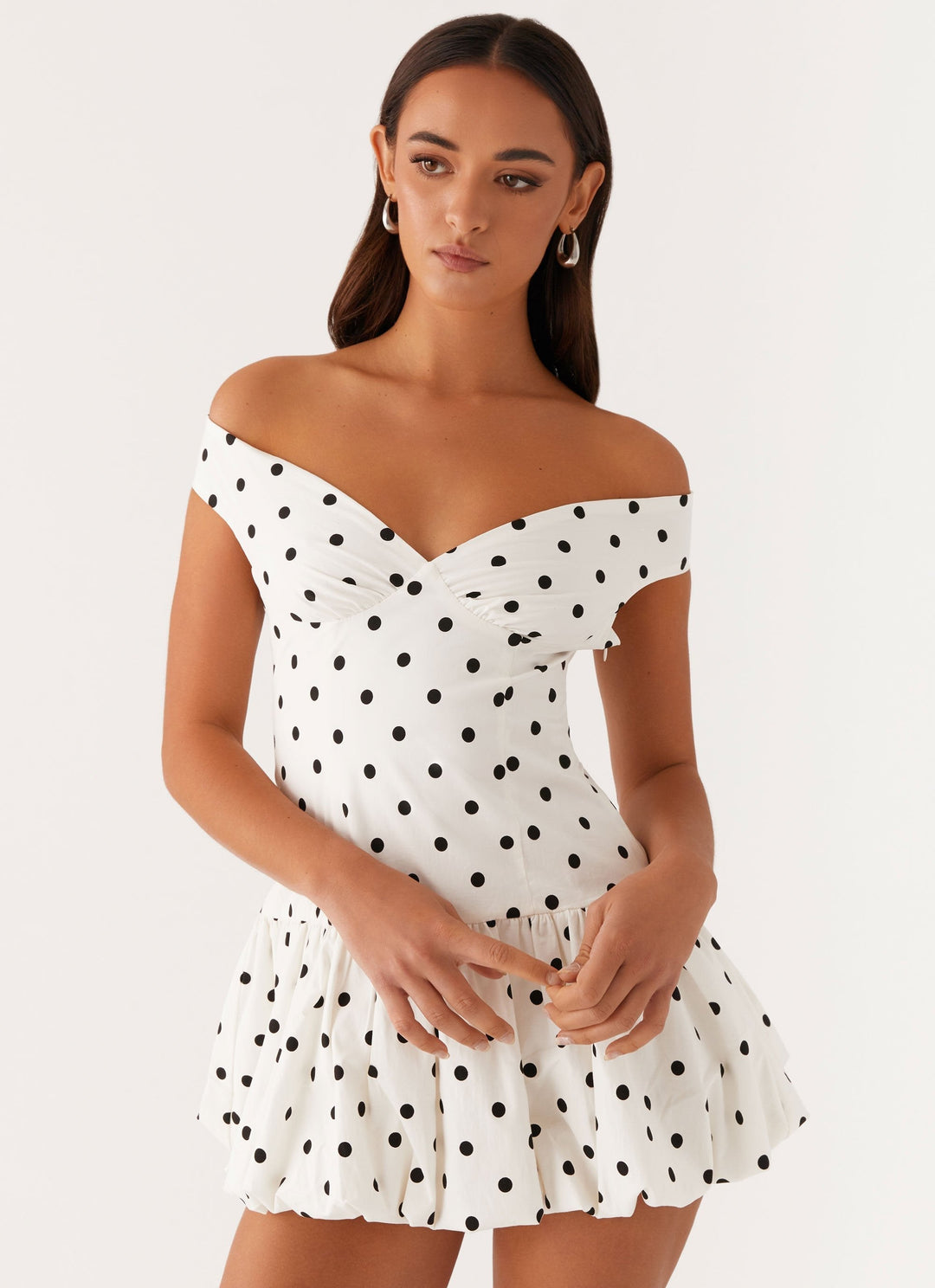 Women's Wedding Guest White Polka Dot Off Shoulder Mini Dress