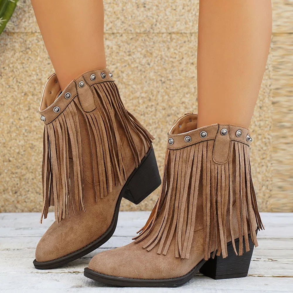 Women's Wide Calf Fringe Side Zip Western Cowboy Boots