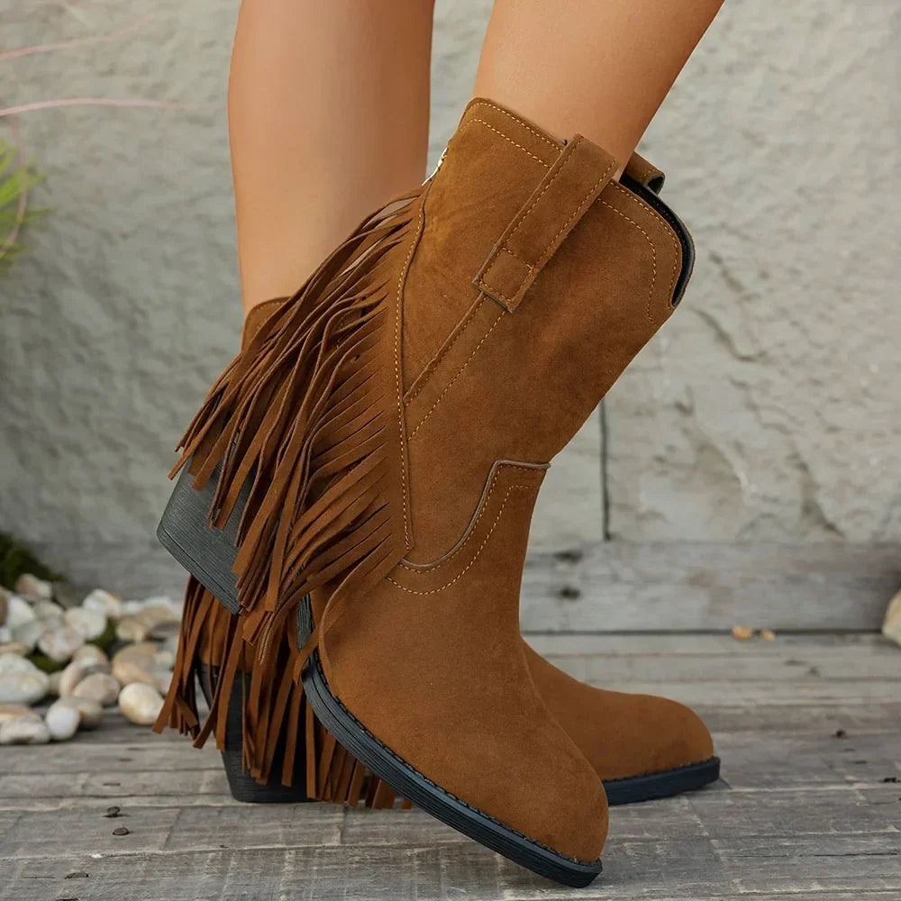 Women's Wide Calf Fringe Side Zip Western Cowboy Boots