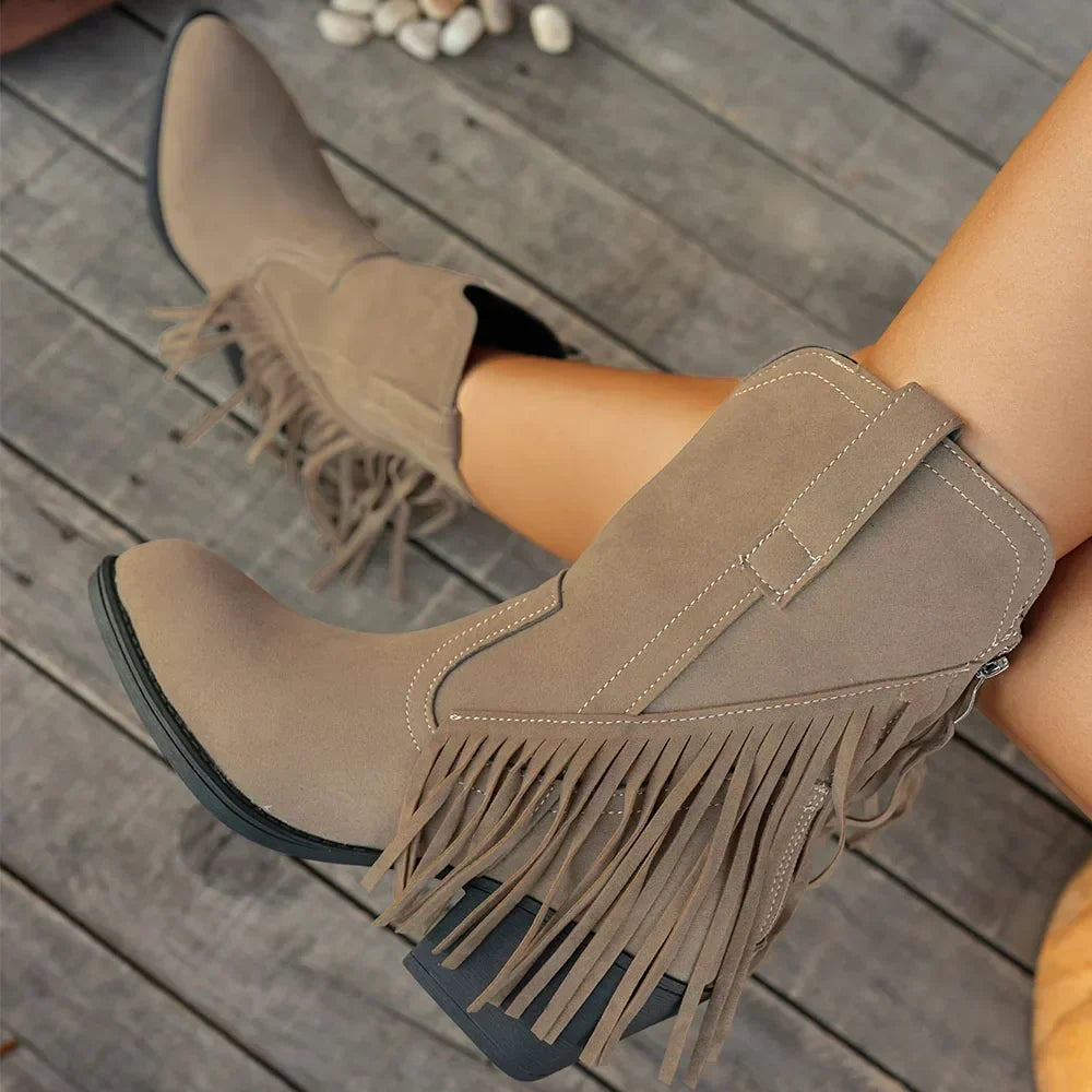 Women's Wide Calf Fringe Side Zip Western Cowboy Boots