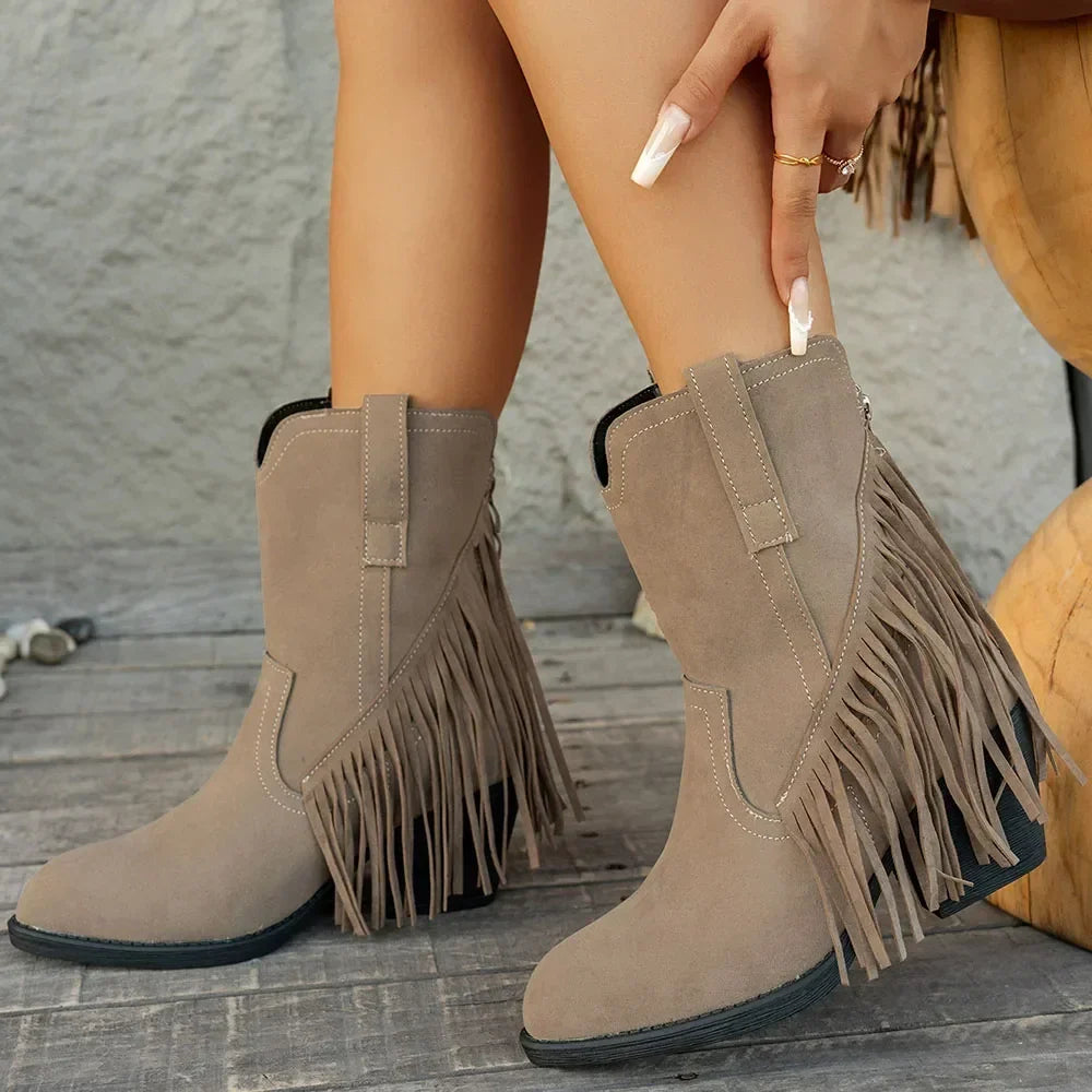 Women's Wide Calf Fringe Side Zip Western Cowboy Boots