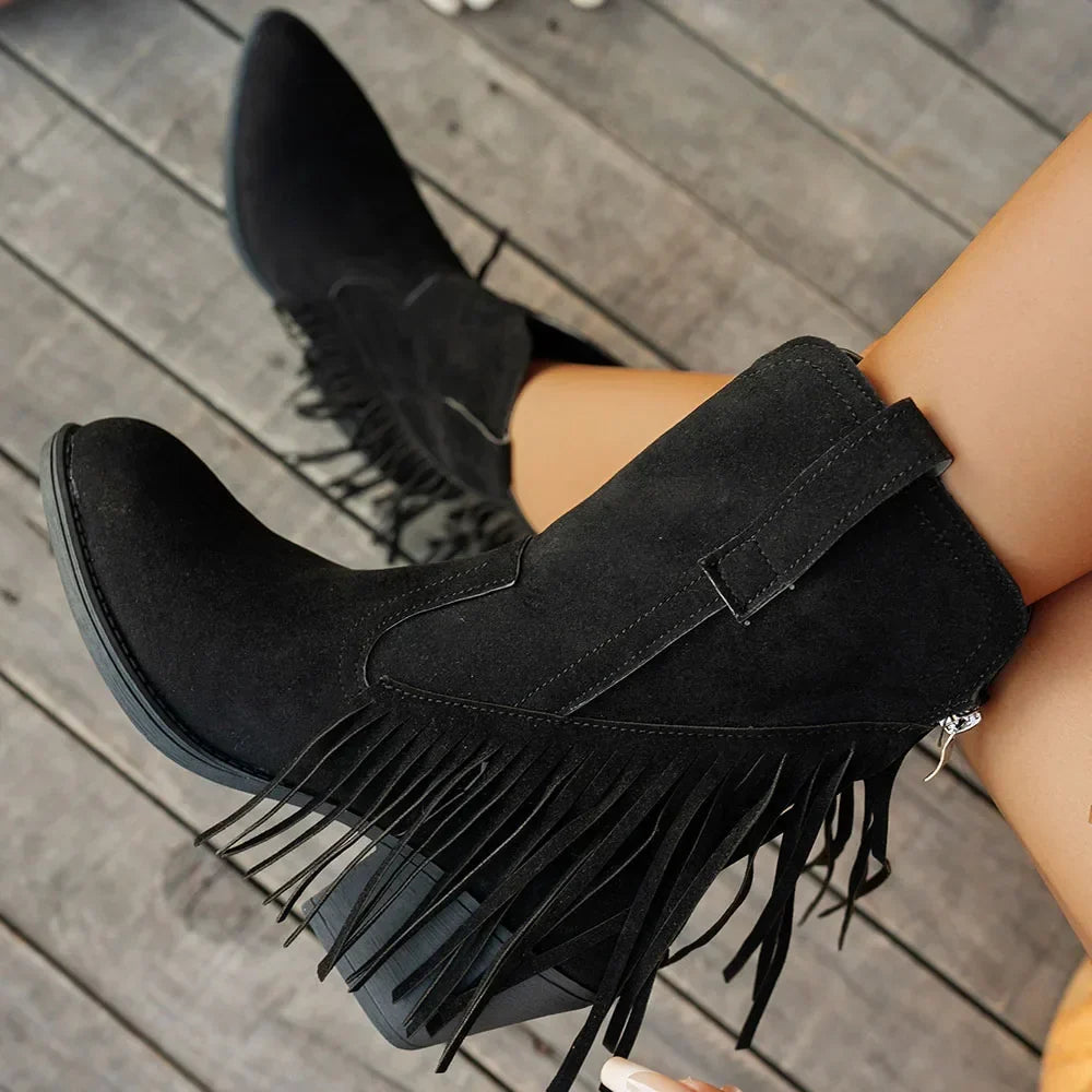 Women's Wide Calf Fringe Side Zip Western Cowboy Boots